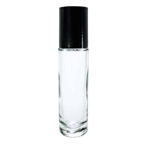 Clear glass perfume bottle with black top